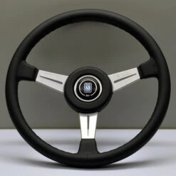 Nardi Classic ND36 Steering Wheel, Black Leather, Satin Spokes, Grey Stitching, 40 Mm Dish, Black Hub