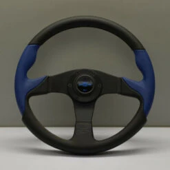 Personal Thunder Steering Wheel - 350 Mm - Black Leather & Blue Perforated Leather, Black Spokes