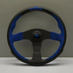 Personal Pole Position Steering Wheel - 350 Mm - Black Leather & Blue Suede, Black Spokes, Blue Logo
